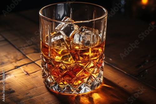 Fine whiskey on rustic background with ice cubes selective focus for brandy or whiskey enthusiasts