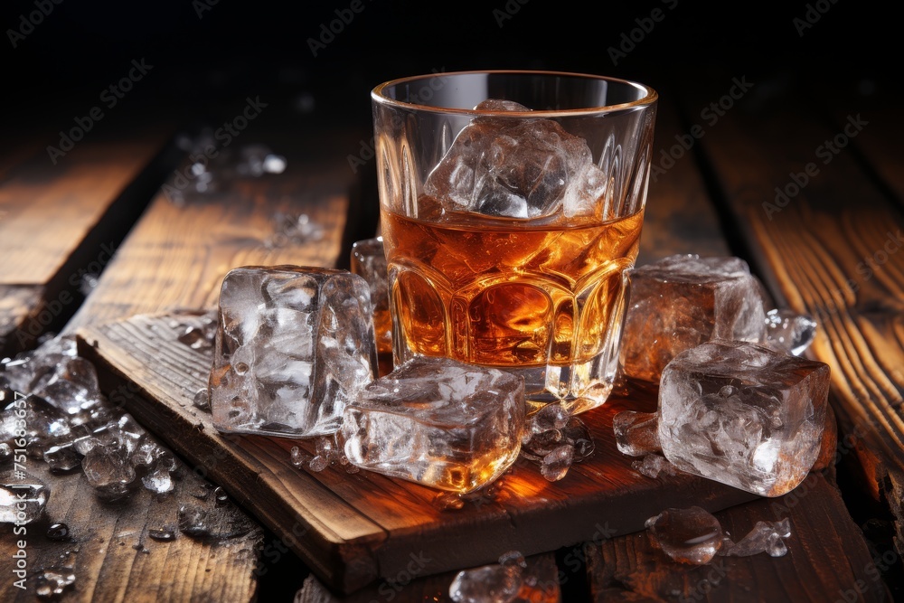 Whiskey glass with ice on rustic wooden background, selective focus for brandy or alcohol beverage Whiskey glass with ice on rustic wooden background, selective focus for brandy or alcohol beverage