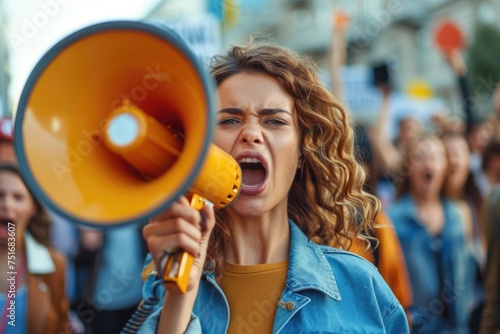 Woman scream in megaphone, on background people on strike, closeup, wide angle. Activist woman shouting through megaphone during protest. © оLeo Studio