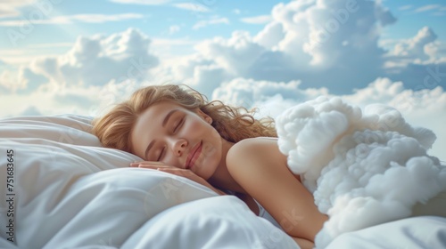 Woman sleep in a soft fluffy cloud. A tranquil portrait of a woman lying amidst fluffy clouds, evoking a sense of peace and relaxation. For themes related to wellness and relaxation and healthy sleep