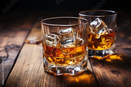 Premium whiskey on rustic background with ice cubes, selective focus alcoholic beverage or brandy