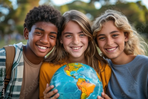 A diverse young people holding a globe earth. Smiling young people hold a globe of planet earth with care. Concept of generation heritage and saving ecologye
