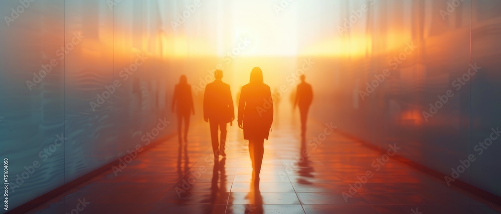 Blurred silhouettes of business people towards light in a blurred corridor Corporate and business abstract background Blurred silhouettes of business people towards light in a blurred corridor Corporate and business abstract background
