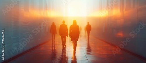 Blurred silhouettes of business people towards light in a blurred corridor Corporate and business abstract background