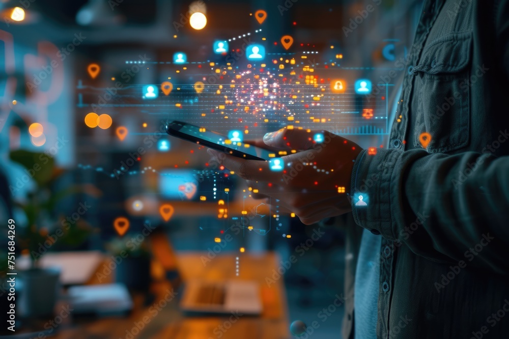 Person using smartphone with futuristic glowing digital icons hologram of followers displayed on screen, surrounded by a mix of real and fake followers. Urban connectivity and smart city concept. Person using smartphone with futuristic glowing digital icons hologram of followers displayed on screen, surrounded by a mix of real and fake followers. Urban connectivity and smart city concept.