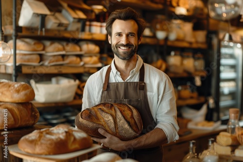 Cheerful Baker Presenting Fresh Bread. Baker in apron holding freshly baked loaf of bread. Rustic bakery interior with wooden shelves and natural light.