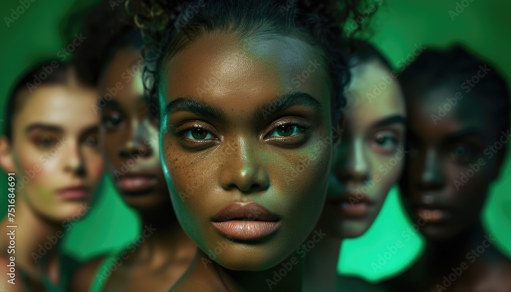 Obraz premium Artistic portrait of diverse women with a focus on one face against a green background. Beauty and diversity concept. Strong, direct gaze