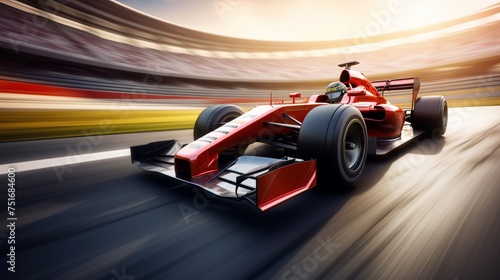 A racer speeds past on a racing car, leaving a motion blur background. Rendered in 3D. photo