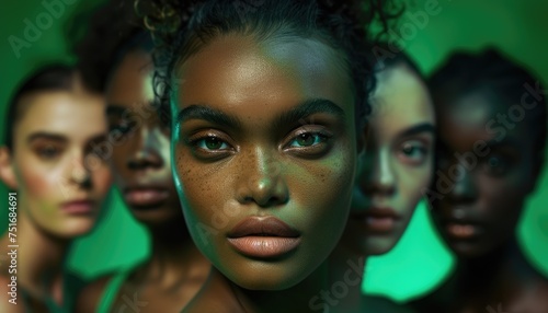 Artistic portrait of diverse women with a focus on one face against a green background. Beauty and diversity concept. Strong, direct gaze