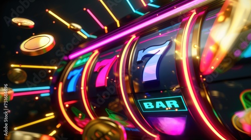 Jackpot in the casino. Slot machine's spinning reels with neon lights and a winning combination of 777. Casino gaming and entertainment. Goldens tokens and money surround flying in motion
