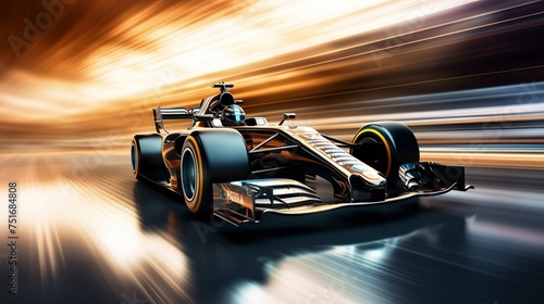 A racer speeds past on a racing car, leaving a motion blur background. Rendered in 3D.