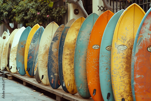 rental surfboards lined up in a row at a beach surf shop