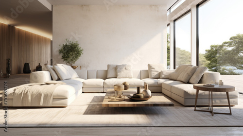 A stylish living room with a neutral palette and minimalist decor, featuring a white couch and grey rug photo