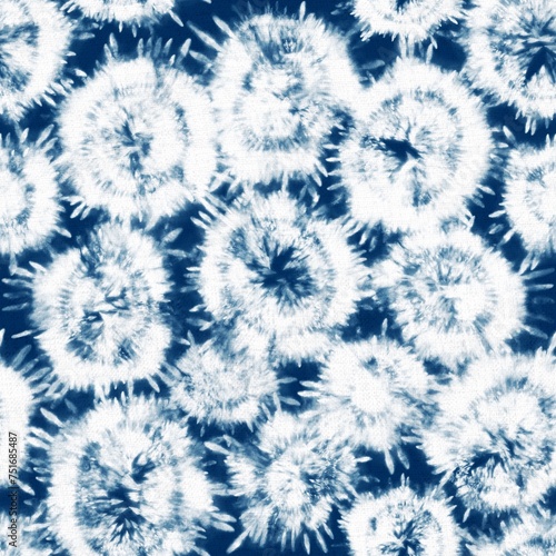 Indigo blue and white tie-dye seamless textile pattern.