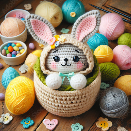 Cute bunnies and Easter eggs made from crochet. Easter day