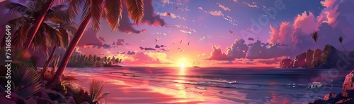 Sunset with palm trees on beach  landscape of palms on sea island. AI generated illustration