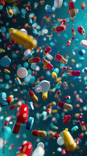 White color pills scattered on the table, close-up. Many pills in capsule form on the table. The pills spilled out of the bottle. copy space. AI generated illustration