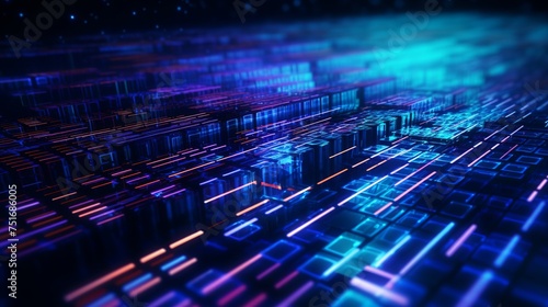 Abstract 3D render depicting the flow of data from computer systems or servers, representing binary data for digital systems.