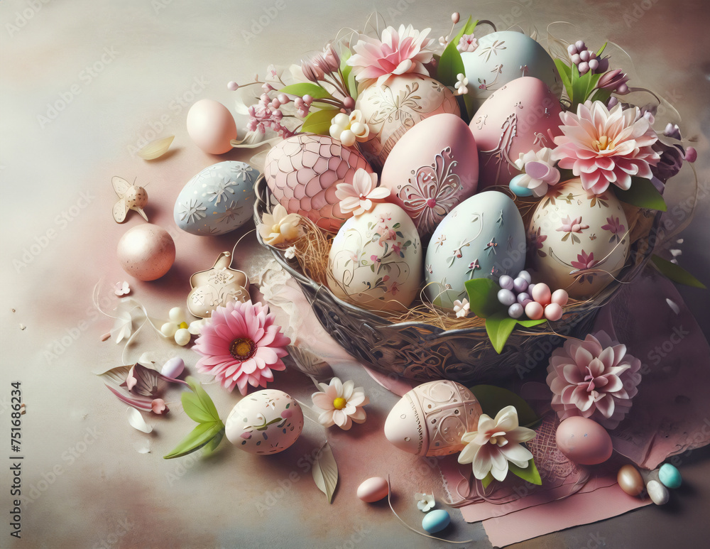 Obraz premium Painted and decorated easter eggs, basket with easter eggs on a vintage background
