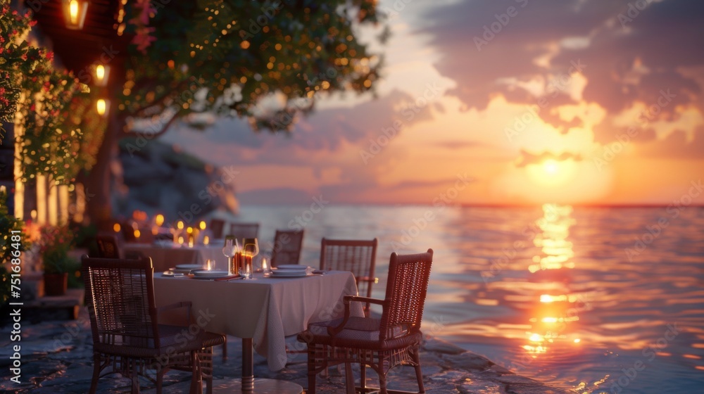 A table set for dinner on the beach at sunset