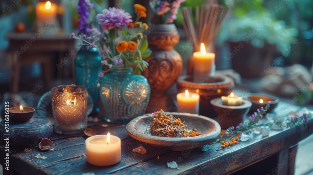 A wooden table topped with a plate of food and candles A wooden table topped with a plate of food and candles