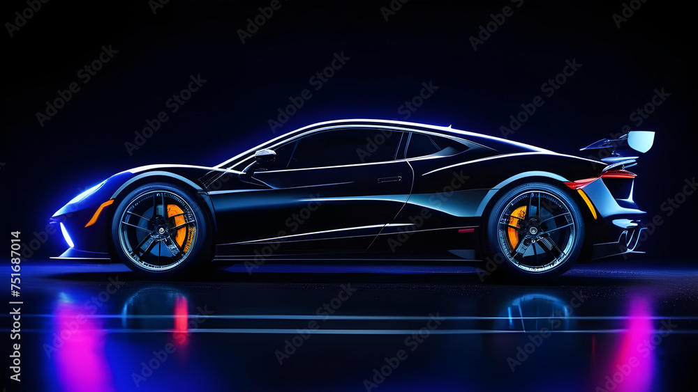 Black car on a neon background. Black car on a neon background.