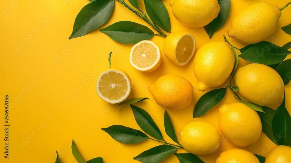 Ripe, juicy lemons, colored green leaves on a bright yellow background. Copy top view generate ai