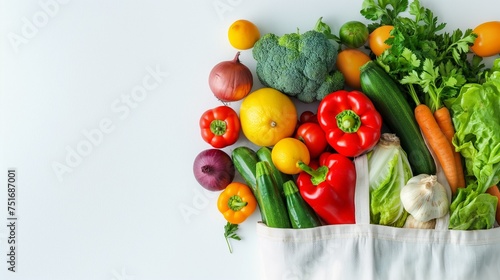 Close-up of vegetables and vegetables in a cloth bag on a white background. Clean looking generate ai