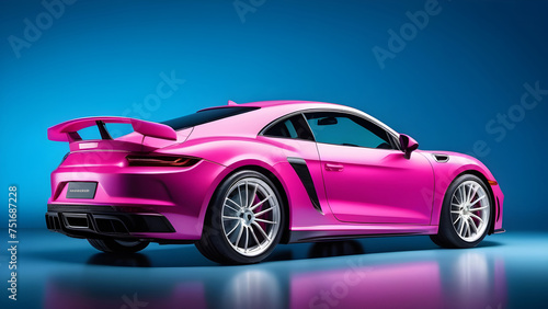 Pink car on a blue background. © Татьяна Оракова