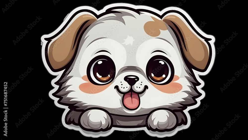 Happy baby puppy sitting isolated on black background, cute cartoon illustration