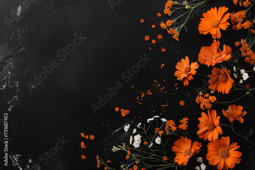 A composition of orange marigolds and white daisies  scattered on a black background.
