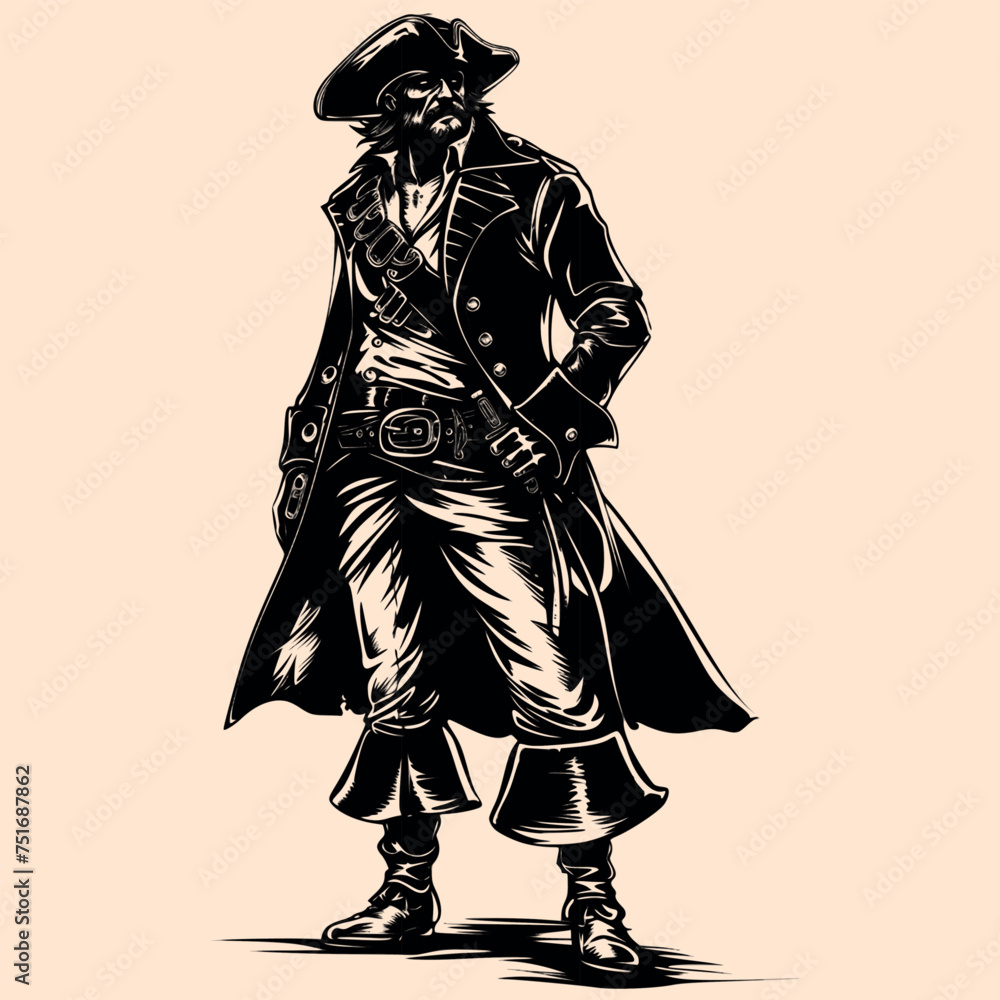 Black and White Pirate Character Outline Silhouette Ornament Vector Art for Logo and Icon, Sketch, Tattoo, Clip Art