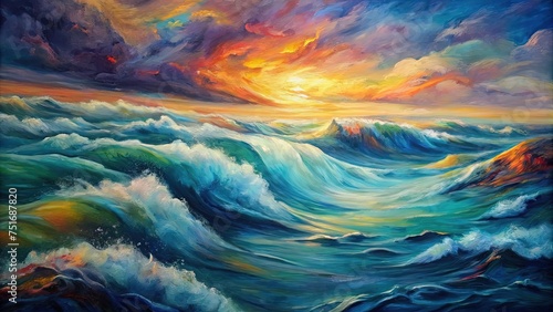 sunset over the sea oil paint