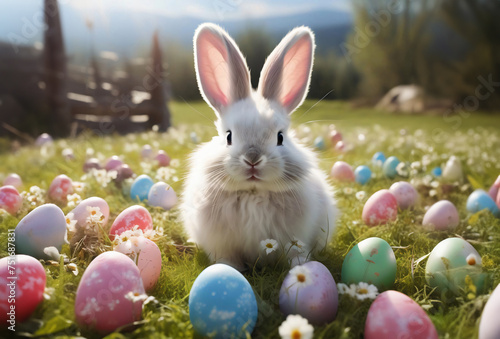 A white rabbit sitting in the grass with eggs. Concept easter day