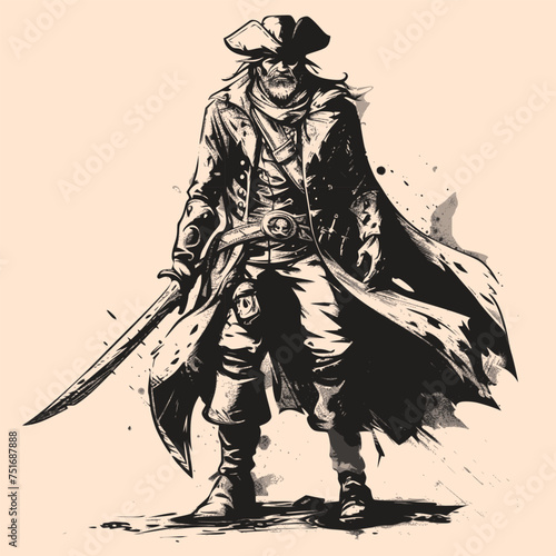 Black and White Pirate Character Outline Silhouette Ornament Vector Art for Logo and Icon, Sketch, Tattoo, Clip Art