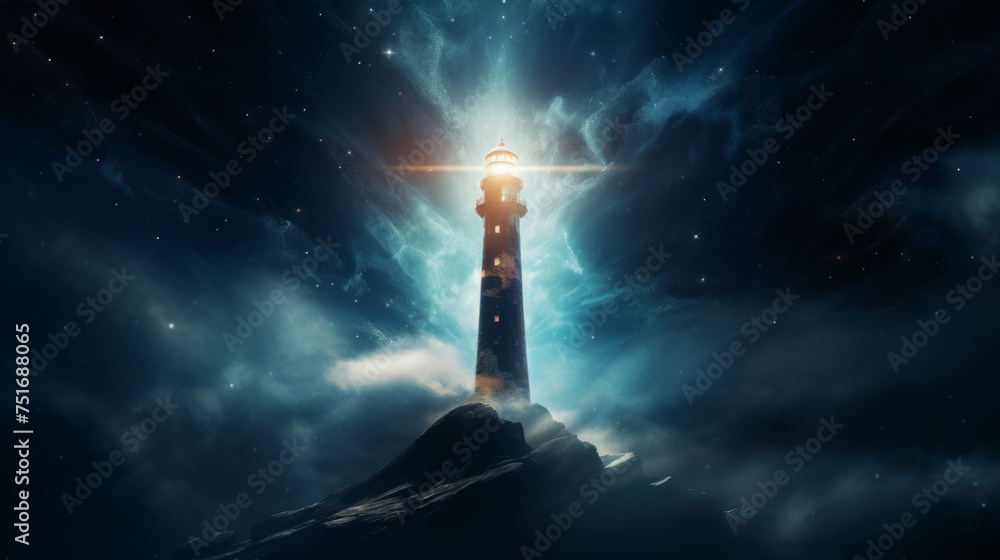 A surreal image of a lighthouse with a glowing beacon surrounded by a cosmic backdrop, evoking a sense of guidance and hope