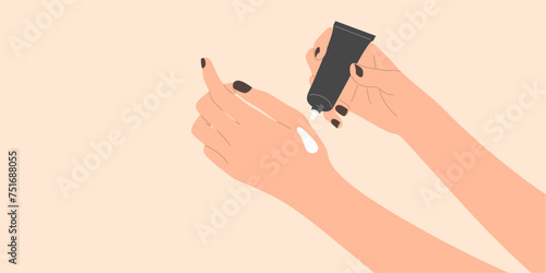 Vector of female hands gesture applying cream from tube. Woman applying lotion to hand. Beauty and cosmetics. Flat vector illustration concept.