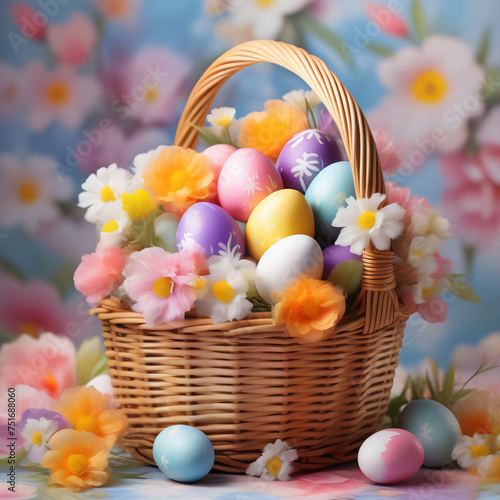 Floral ornament in a basket, easter eggs scattered, floral background. Easter day