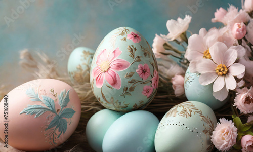 Decorated easter eggs with flowers and leaves