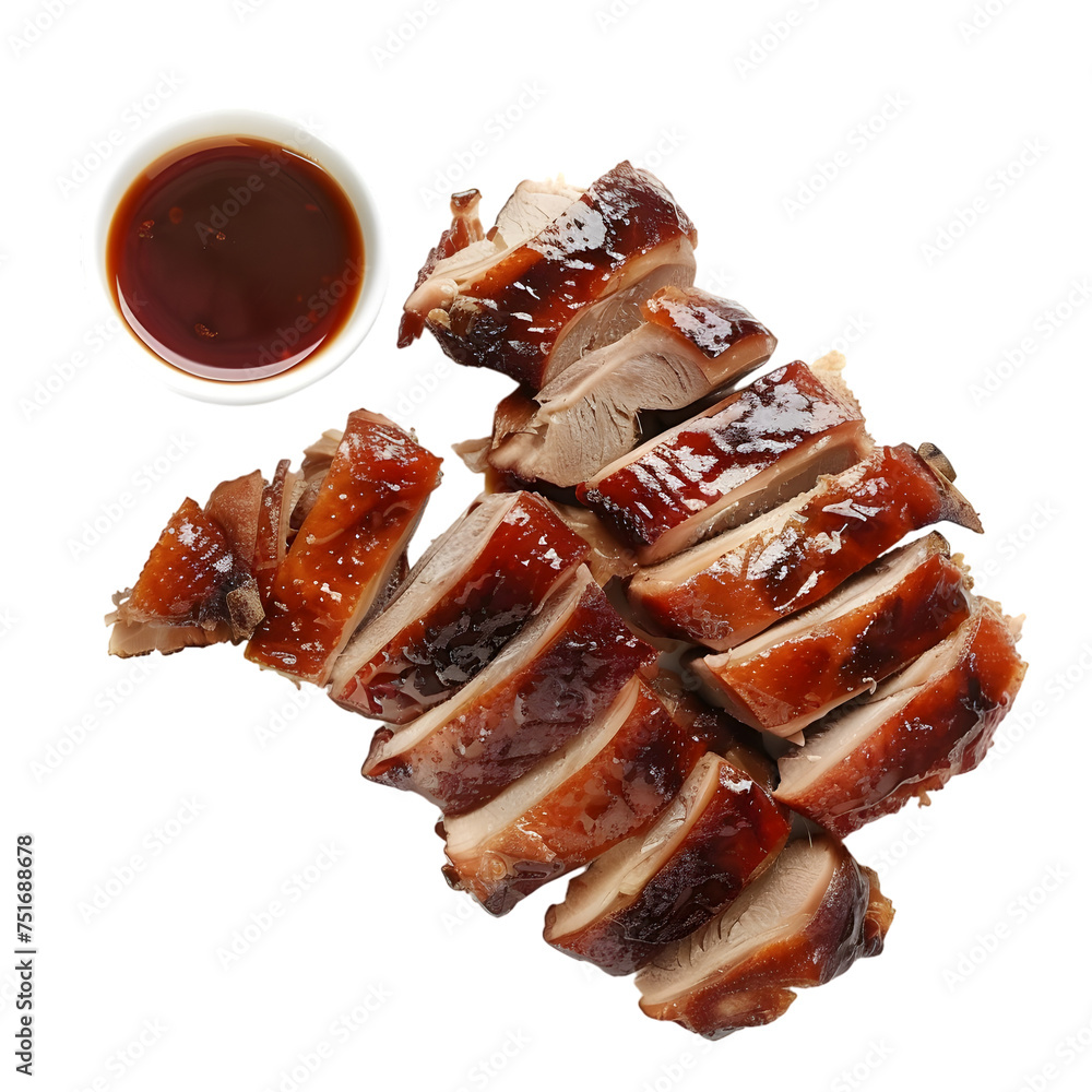 Roasted peking duck with sauce on plate top view isolated on transparent background Roasted peking duck with sauce on plate top view isolated on transparent background