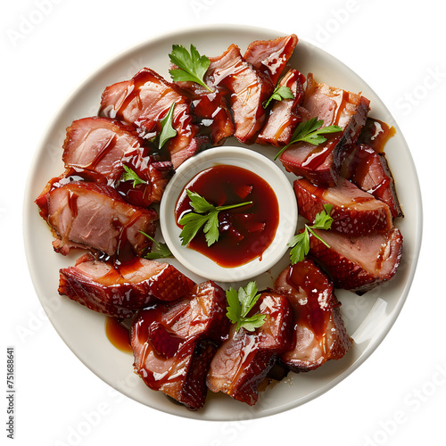 Roasted peking duck with sauce on plate top view isolated on transparent background