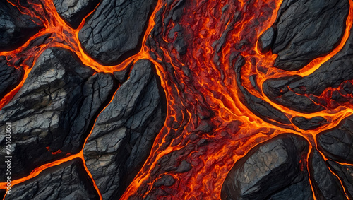 abstract shot of a lava stream flowing between black rocks in fiery red tones capturing the intensity of the volcanic landscapes