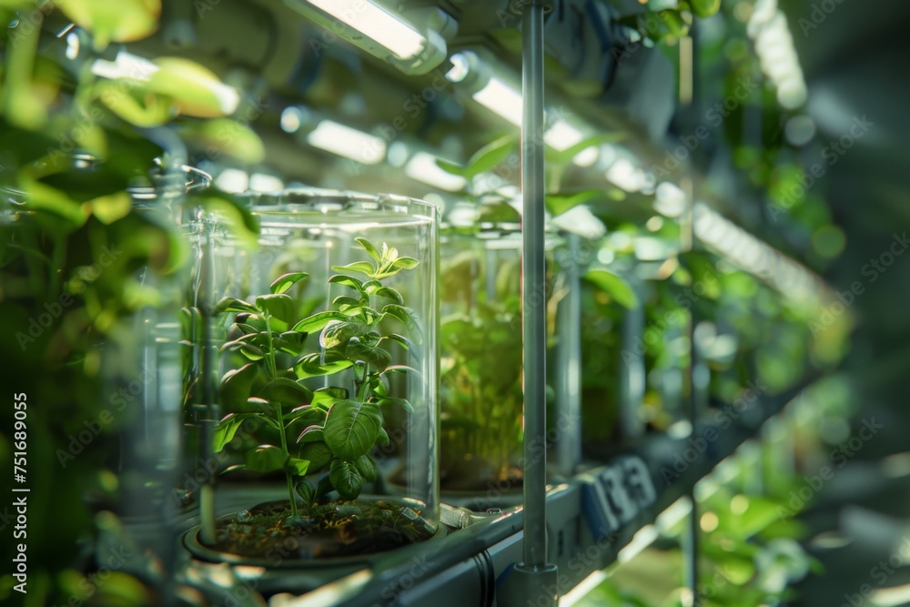 A close-up shot of a scientist examining plant growth in a controlled environment inside the Mars colony. 