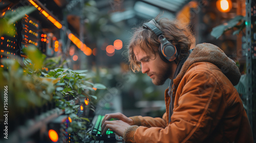 Technician adjusts video card settings amidst greenery, cultivating high-tech garden