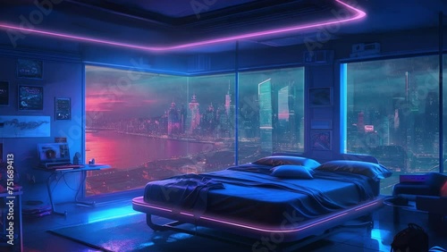 Animated Vtuber Twitch Streamer Background of a Cyberpunk Bedroom at Sunset