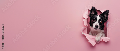 A black and white puppy with expressive eyes peers through a pink paper hole, looking inquisitive © Fxquadro