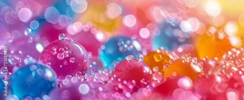 Glistening beads of water on vibrant, multicolored spheres, backlit by a dreamlike bokeh effect, convey a sense of freshness and fantasy. © BackgroundWorld