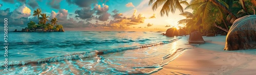 Sunset with palm trees on beach, landscape of palms on sea island. AI generated illustration © Fatima