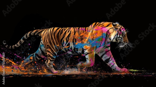 A wild predator tiger  designed for hunting  yet a beautiful majestic creature. Painted with paint splash technique. Isolated black background. Also for T-shirt printing pattern. Generative AI