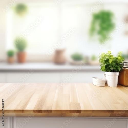 Modern kitchen interior with a focus on a clean wooden countertop adorned with fresh green herbs in pots